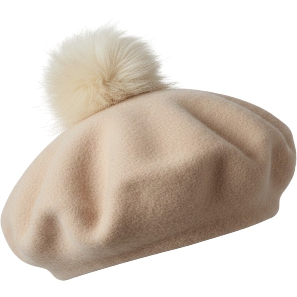 Oatmeal Beige Wool Blend Beret‎ with Faux Fur Pom Pom TT184214 One Size